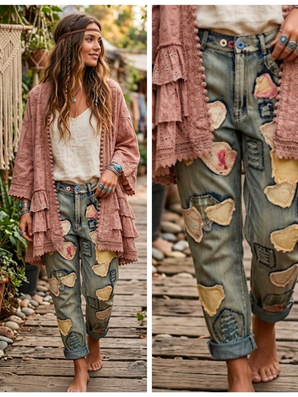 Boho Heart Patch Relaxed Women’s Jeans - Cream/Denim